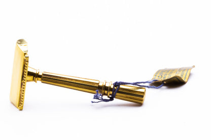 Gem 1940's Micromatic Gold Clog Pruf Single Edge Safety Razor w/ Brown Case and Blade Bank