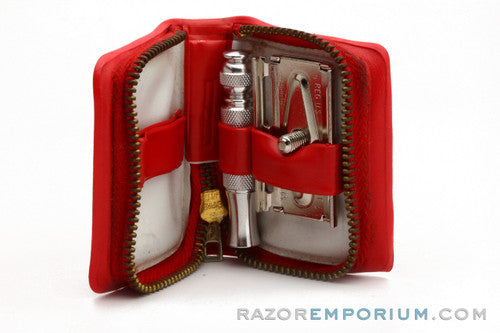 1968 Gillette N3 Travel Tech Safety Razor Red Leather Case