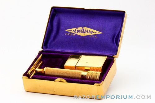 1930's Gillette NEW Deluxe Big Boy Razor Original Gold w/ Case & Blade Bank
