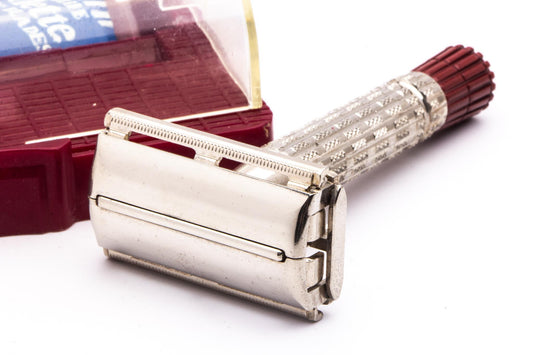 1950's British Gillette Heavy Red Tip DE Super Speed Safety Razor w/ Case & Blade Bank | Made in England