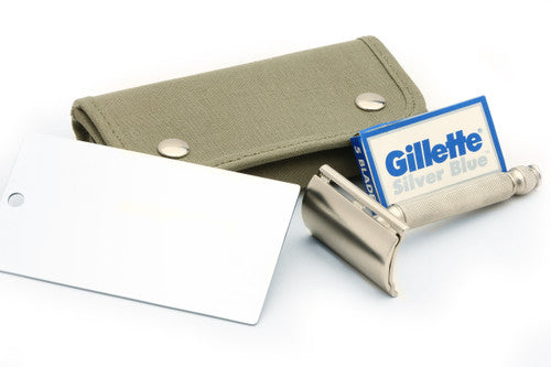 1940s WWII NEW Gillette DE Ball End Safety Razor Travel "Khaki" Replica Set w/ Mirror