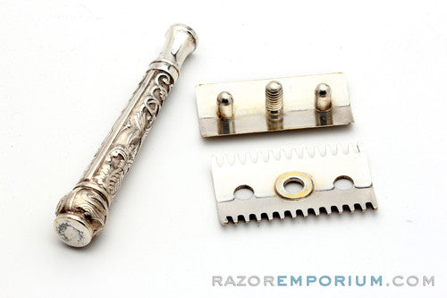 1909 Gillette Silver OLD Type ABC Pocket Edition Floral Handle - Open Comb DE Razor Set
