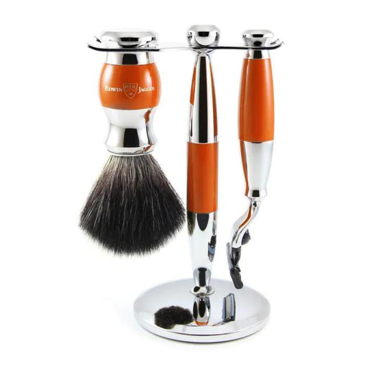 Edwin Jagger | Gillette® Mach3® Razor Shaving Set Orange & Chrome 3pc (Black Synthetic)