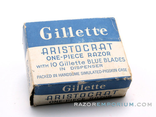 1948-1951 Gillette Aristocrat DE Safety Razor w/ Original Leather Case, Box, & Blades * 24K Gold - New Old Stock - MINT