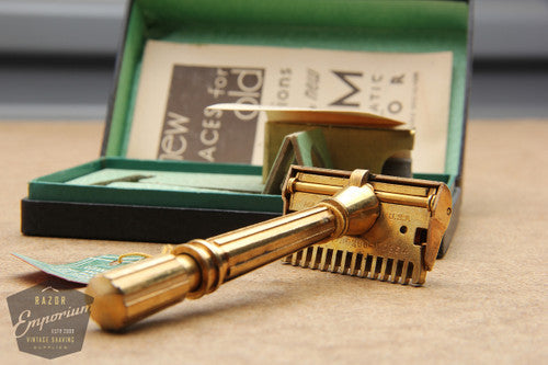 Gem NEW Gold 1940's Single Edge Safety Razor w/ Green Box - NOS