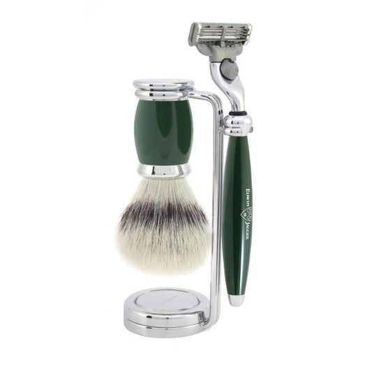 Edwin Jagger | Gillette® Mach3® 3pc Razor Shaving Set Bulbous Synthetic Silver Tip Green
