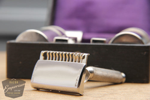 Ever-Ready 1912 Style Snap-Top Single Edge Safety Razor Set in Black Leather Box