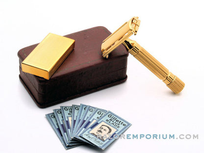 1948-1951 Gillette  Aristocrat DE Safety Razor w/ Leather Case & Blade Bank | 24K Gold Revamp