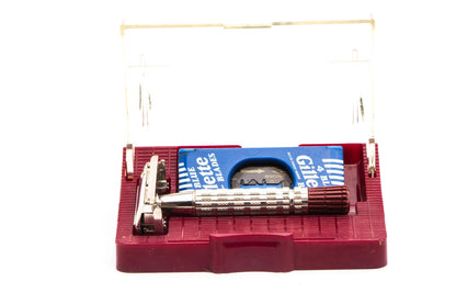 1950's British Gillette Heavy Red Tip DE Super Speed Safety Razor w/ Case & Blade Bank | Made in England