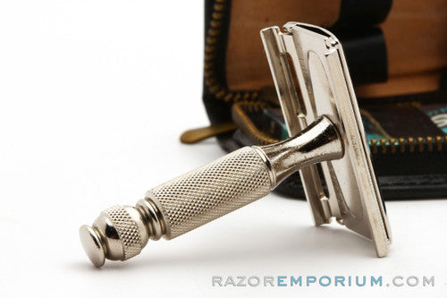 1964 Gillette J2 Travel Tech Safety Razor Black Leather Case