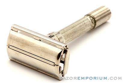 1960's Gillette Slim Adjustable DE Safety Razor Nickel w/ Gold Case & Blade Bank & Instructions