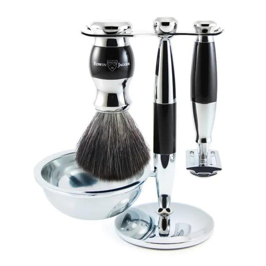 Edwin Jagger | Double Edge Safety Razor Shaving Set Imitation Ebony & Chrome 4pc (Black Synthetic)