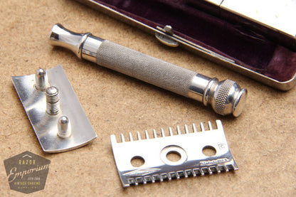 Gillette 1924 Silver Basketweave Pocket Edition - Old Type Open Comb DE Razor Set