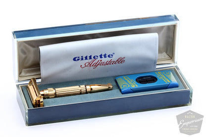Gillette 1960 Gold Toggle Adjustable DE Safety Razor Set w/ Case & Blades - F4