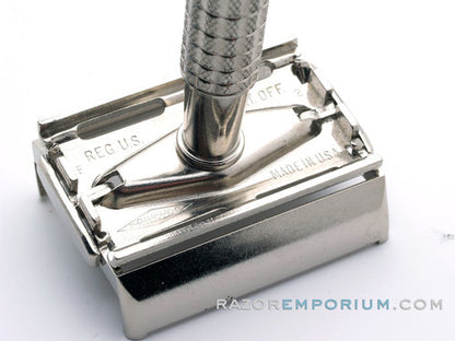 1960 F2 Regular Super Speed Flair Tip DE Safety Razor Set Nickel w/ White Case & Blade Bank