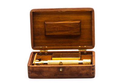 1920 Gillette Big Fellow Double Edge Safety Razor Set in Original Wooden Case w/ Gold Blade Bank