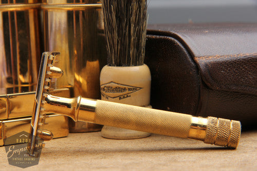 Gillette 1918 Gold Single Ring Travel Combination Set in Original Brown Leather