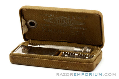 1918 Gillette Old Type Ball End Khaki Service DE Razor Set Army Issue