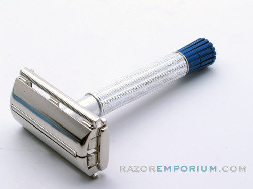 1957 C1 Gillette Blue Tip Light DE Super Speed Razor Nickel Set w/ Case & Blade Bank