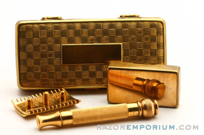 1910's Gillette Comb Ball End Old Type Razor 24K Gold w/ Case and Blade Bank