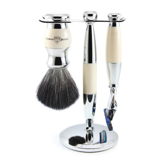 Edwin Jagger | Gillette® Fusion® ProGlide® Razor Shaving Set Imitation Ivory & Chrome 3pc (Black Synthetic)