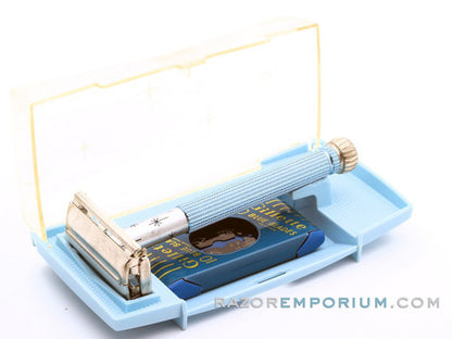 1965 Gillette K3 Blue Star Lady DE Safety Razor w/ Case & Blade Bank
