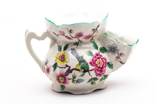 Vintage Ceramic Floral Bird Shaving Scuttle