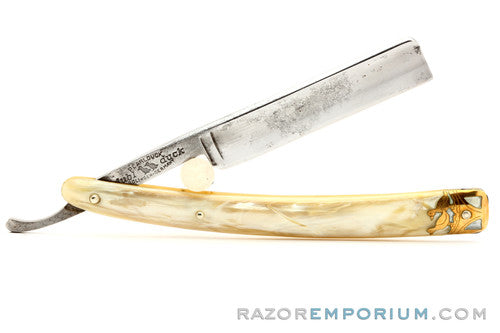 5/8" Dubl Duck Pearlduck Wonderedge w/ Gold Inlay Celluloid Scales Straight Razor |  Solingen, Germany
