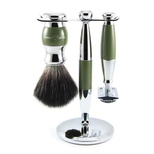 Edwin Jagger | Double Edge Safety Razor Shaving Set Green & Chrome 3pc (Black Synthetic)