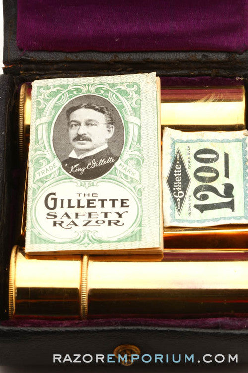 1917 Gillette Original Gold Single Ring Travel Set in Black Leather Case with Script Logo, 2 Blade Banks, & 2 Canisters
