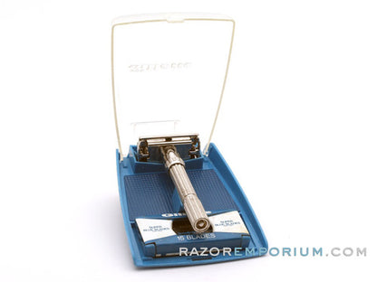 1964 J4 Gillette Slim Adjustable Safety Razor Nickel w/ Blue Case & Blade Bank