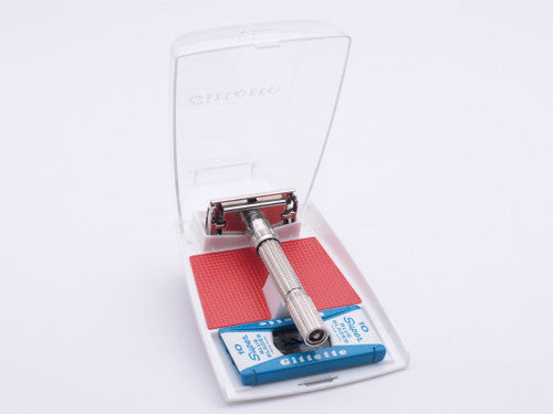 1967 M1 Gillette Slim Adjustable Safety Razor Nickel w/ Red Case & Blade Bank