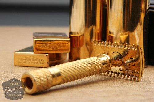 Gillette 1919 Gold Bulldog Travel Single Ring Combination Set in Original Black Leather Case