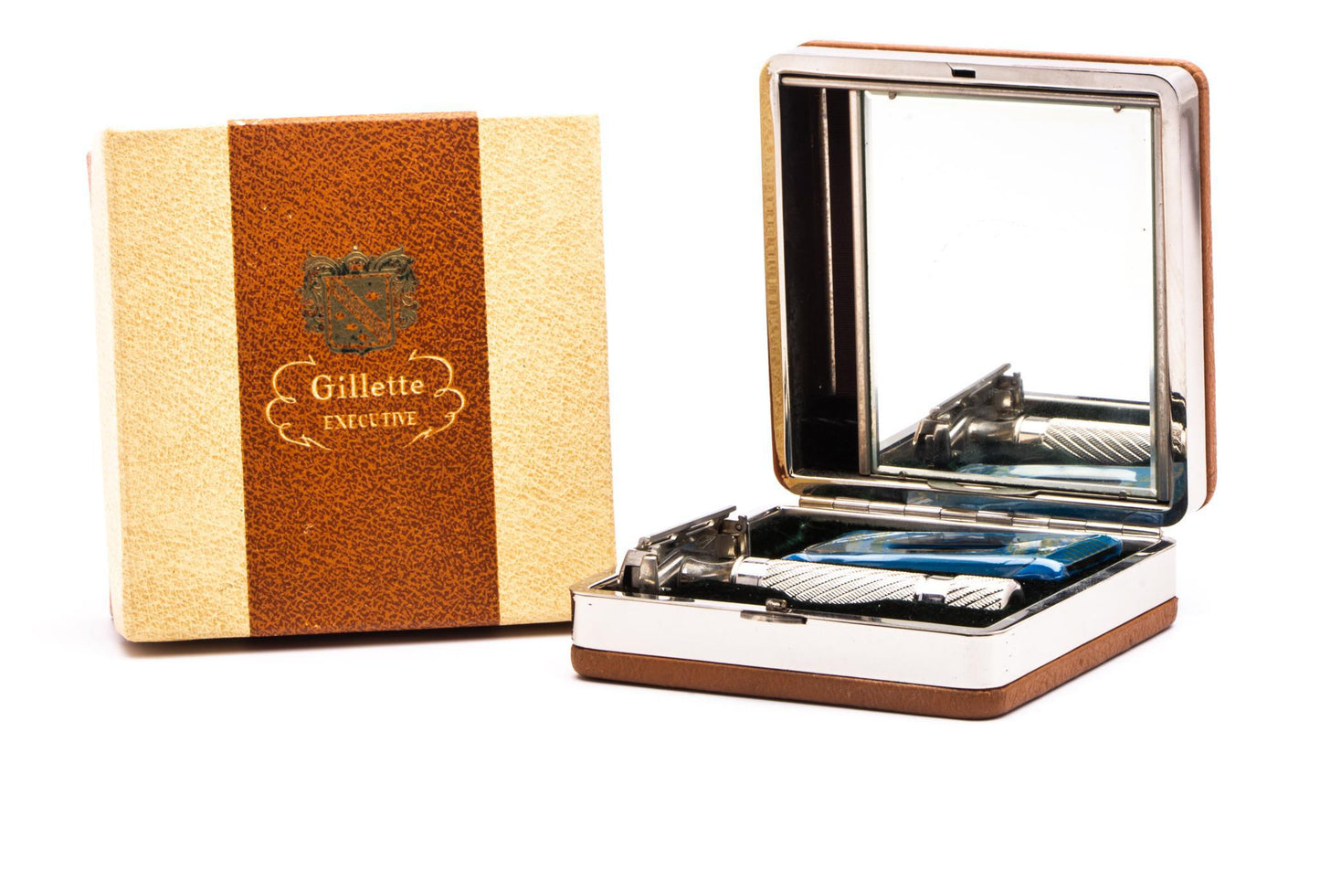 1948 Gillette Executive Double Edge Safety Razor Set w/ Ostrich Leather Case, Blade Bank, and Original Box