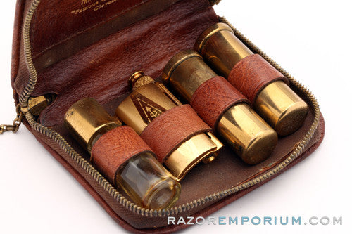 1947-51 Gillette Gold Ball End Travel Tech Safety Razor Set in Leather Zip Pouch