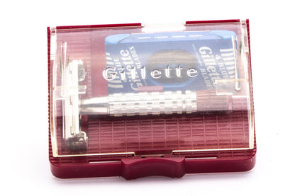1950's British Gillette Heavy Red Tip DE Super Speed Safety Razor w/ Case & Blade Bank | Made in England