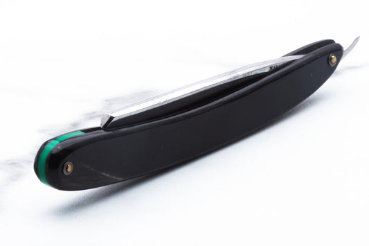6/8" Vintage Restored Wade & Butcher Straight Razor with Dark Horn Scales & Green Wedge Accent