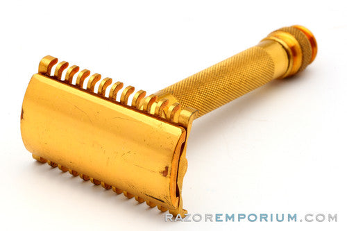 1930's Gillette Goodwill Ball End Gold DE Safety Razor Made in USA w/ Box & Blades