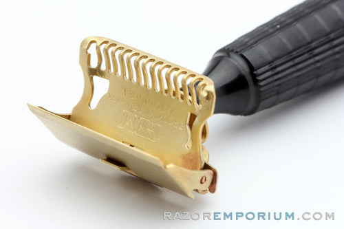 1940's Gem Junior Gold Black Fat Handle Single Edge Safety Razor Set