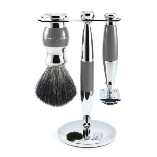 Edwin Jagger | Double Edge Safety Razor Shaving Set Grey & Chrome 3pc (Black Synthetic)