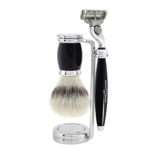 Edwin Jagger | Gillette® Mach3® 3pc Razor Shaving Set Bulbous Synthetic Silver Tip Black