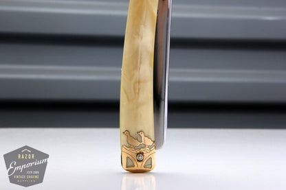 11/16" Dubl Duck Pearlduck Goldedge Straight Razor w/ Gold Inlay Celluloid Scales  | Solingen, Germany