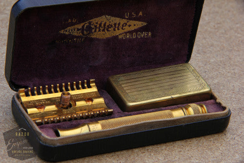 Gillette 1930's Goodwill Era Gold DE Razor Set w/ Blade Bank
