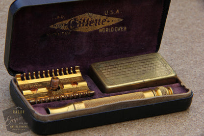 Gillette 1930's Goodwill Era Gold DE Razor Set w/ Blade Bank