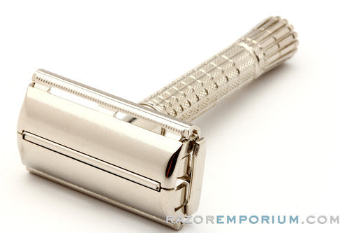 1959 E2 Regular Super Speed Flair Tip DE Safety Razor Set Nickel w/ White Case & Blade Bank & Instructions