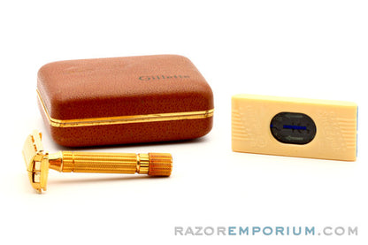 1948-1951 Gillette  Aristocrat DE Safety Razor w/ Leather Case & Blades * 24K Gold