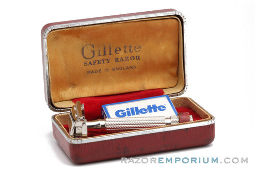 1950's Gillette English Parat Double Edge Safety Razor in Red No. 58 Leather Case
