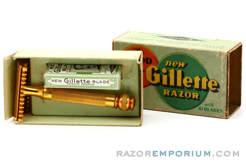 1930's Gillette Goodwill Ball End Gold DE Safety Razor Made in USA w/ Box & Blades