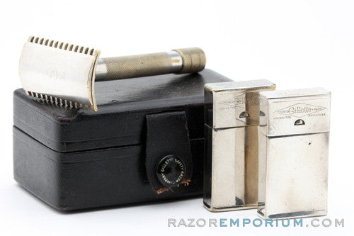 1922 Gillette Single Ring Old Type DE Razor Set in Leather Case with Blade Banks