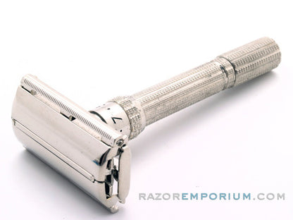 1964 J2 Gillette Slim Adjustable Safety Razor Nickel w/ Red Case & Blade Bank
